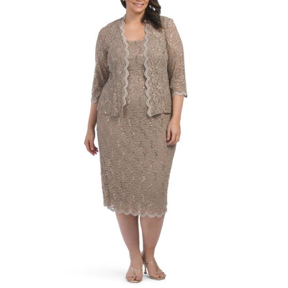 ALEX EVENING Champagne Plus 2pc Jacket And Midi Dress - Picture 1 of 2